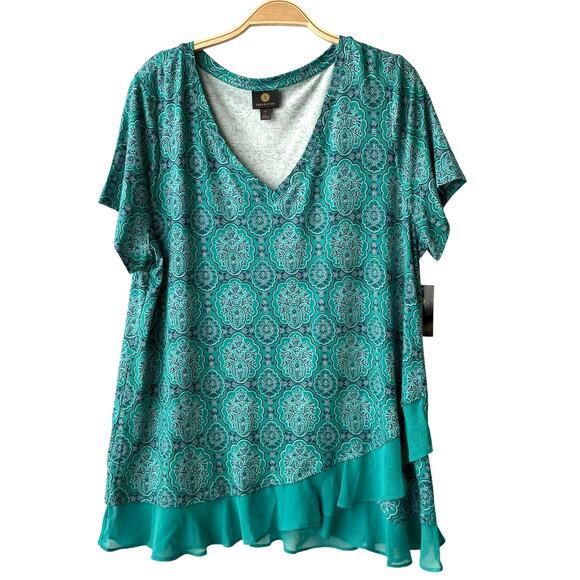 JM Collection Medallion Floral Jersey Top Women XL Blue Boho Stretch Ruffle Hem - Picture 1 of 9